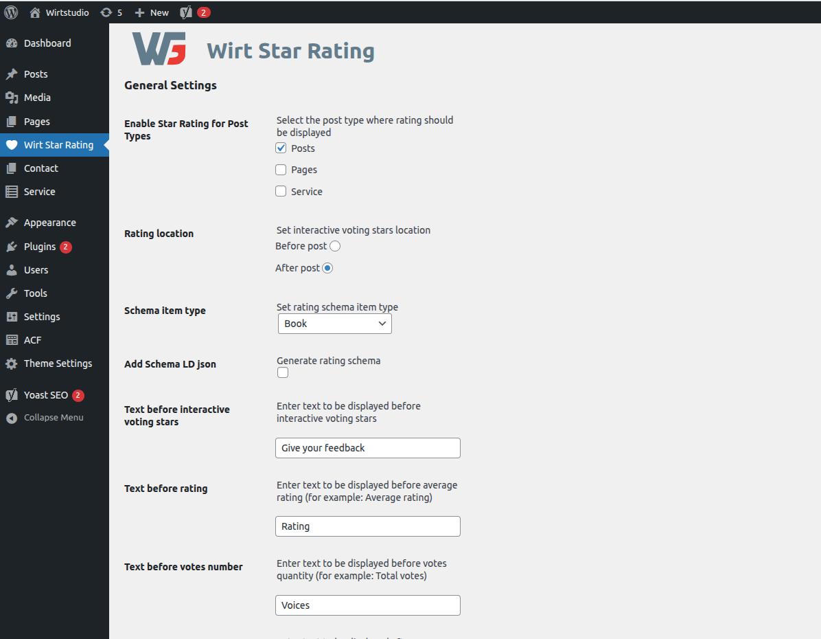 Wirt star rating plugin - general settings of plugin - Wirt Studio