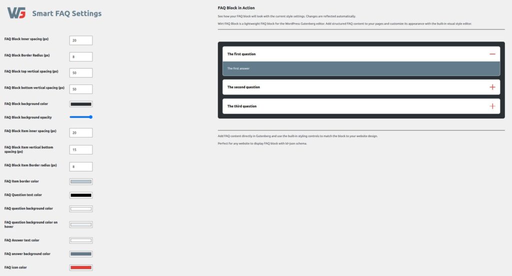 Wirt FAQ block settings and visual editor