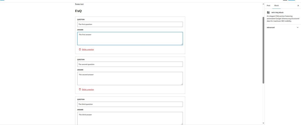 Wirt FAQ Block in Gutenberg editor